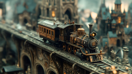 Fototapeta premium A close-up View of an Early Small Steam Locomotive Journeying Through a City Landscape Surrounded by Crumbling Gothic Cathedrals