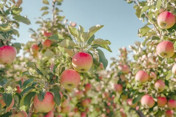 An expansive apple orchard showcases lush trees bursting with blossoms under a bright blue spring sky, creating a picturesque and serene landscape