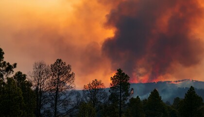 Obraz premium 산불이 숲을 태우며 번지는 장면, 하늘은 붉은색과 검은색으로 물들어 있고, 연기가 공중에 가득함