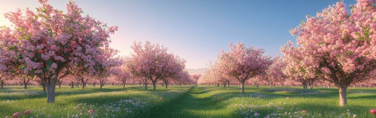 Fototapeta premium A stunning apple orchard showcases trees covered in pink and white blossoms, creating a beautiful landscape under a bright blue sky. Spring brings life and color to the fields