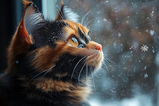 Artistic rendering a calico cat watching snowflakes fall outside a frosty window