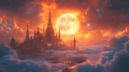 Fantasy Castle Amidst Clouds with Large Moon in the Background at Twilight

