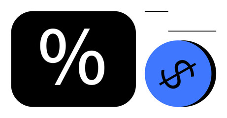 Large white percentage symbol within black square and dollar sign in blue circle suggest financial concepts thumbs up interest rates, expenses, and investments. Ideal for finance, business