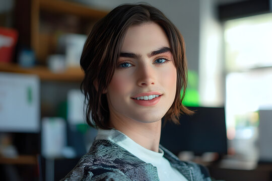 Positive nonbinary person looking at camera in office.