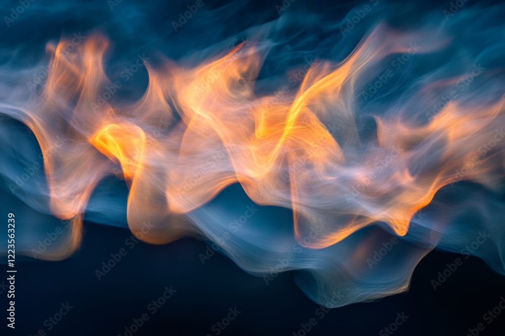 Poster flames dance elegantly, forming fluid and abstract shapes that contrast vividly against a dark backd