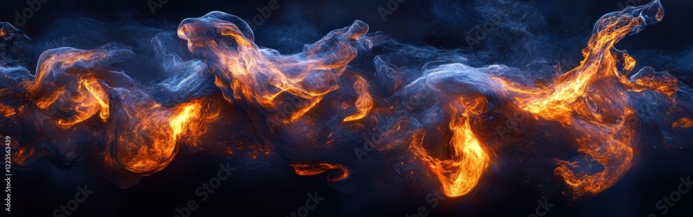 Poster vivid flames twist and turn into mesmerizing abstract shapes, set against a pitch-black background, 