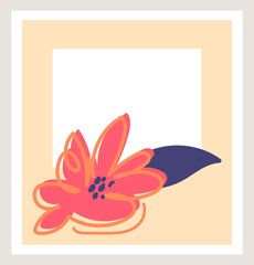 Hand drawn abstract flower card in red, orange and dark blue