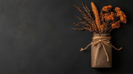 Dried flowers in jar on dark background, autumnal arrangement, fall decor, blog post image