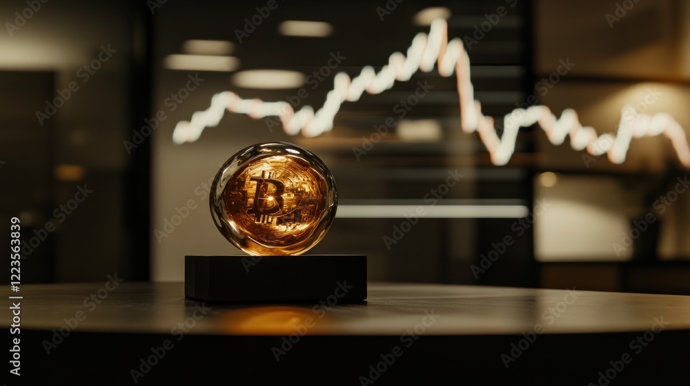 Poster Illuminated Bitcoin Sphere on Display with Stock Market Graph