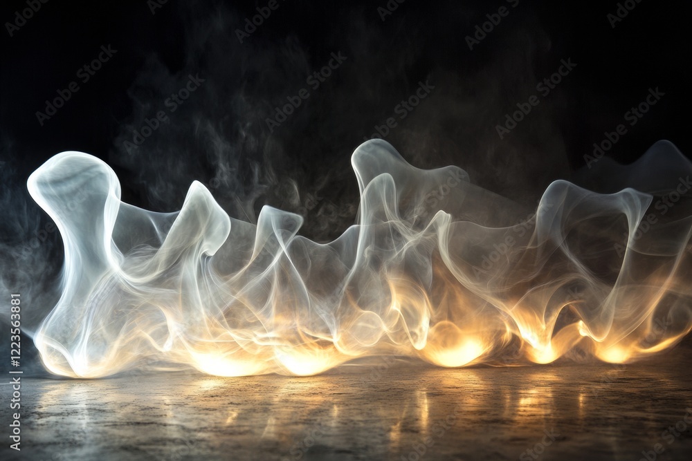 Poster flames twist and swirl into unique, abstract formations, glowing softly against a dark backdrop. the