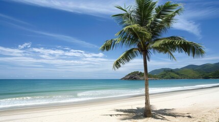 Fototapeta premium Cluster of Palm Trees on a Tropical Beach With Clear Turquoise Water Near the Shore on a Sunny Day