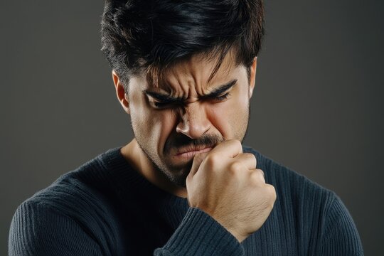 Young Brazilian Man Coughing Into His Fist on Gray Background - A Representation of Illness and Health Awareness