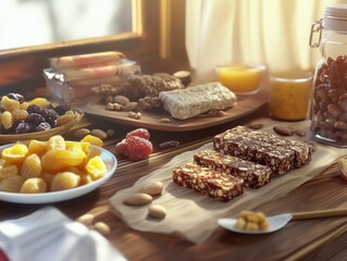 A protein bar made of grains and nuts on a table. diet snack
