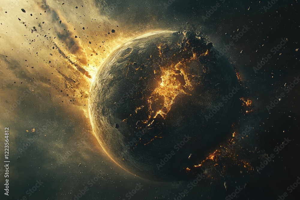 Wall mural apocalyptic earth catastrophe: planet exploding amidst meteor storms and celestial chaos