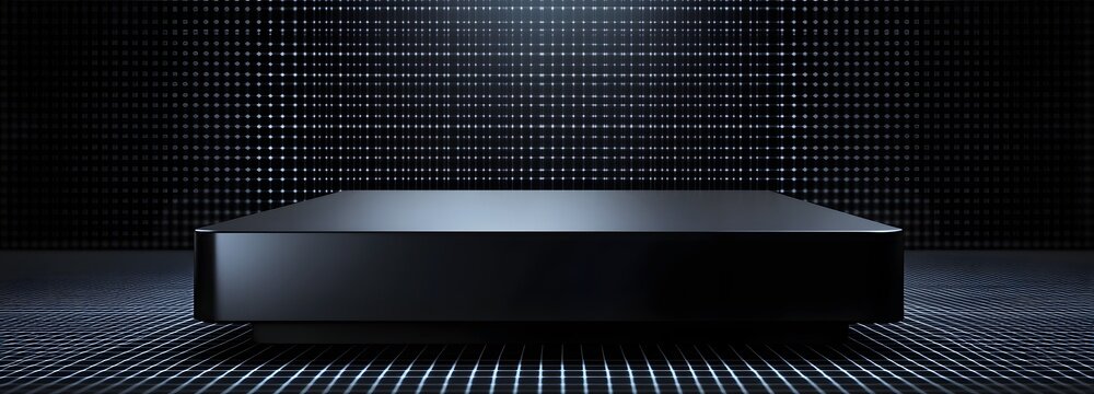A high-tech, angular podium with a matte black surface, set against a digital holographic grid background