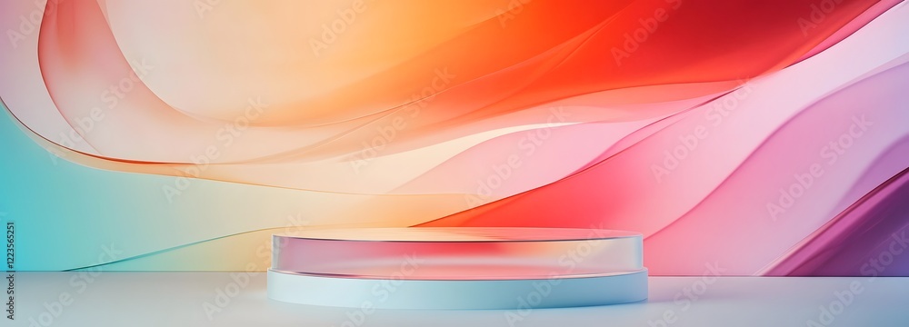 Poster a podium made of transparent acrylic material, placed in front of a colorful abstract backdrop with 