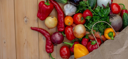 Fresh Organic Vegetables in Paper Bag on Wooden Background