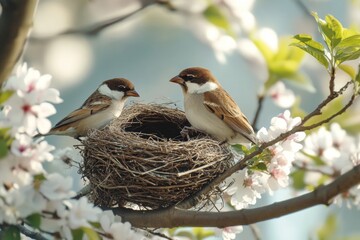 Two birds actively work together to construct a nest in a flowering tree, showcasing the beauty of spring renewal and nature's cycles