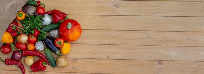 Fresh Organic Vegetables in Paper Bag on Wooden Background