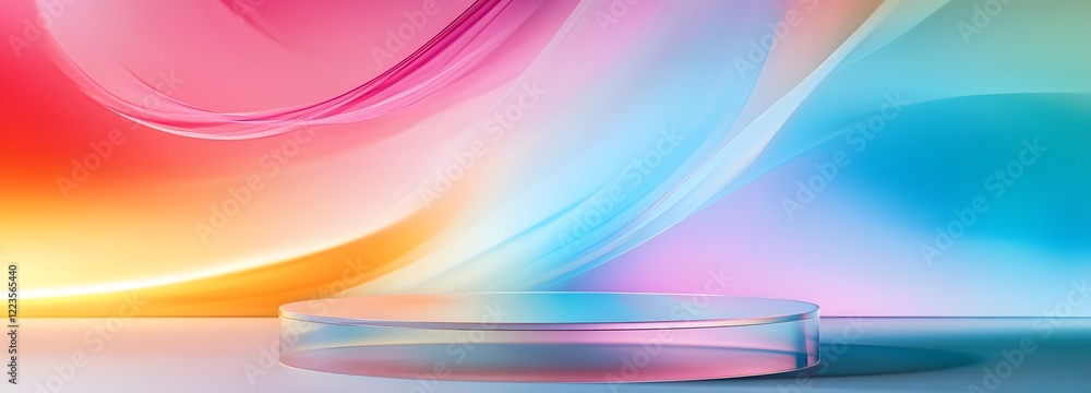 Poster a podium made of transparent acrylic material, placed in front of a colorful abstract backdrop with 