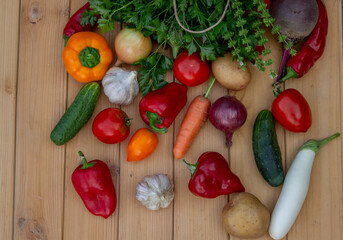 Fresh Organic Vegetables in Paper Bag on Wooden Background