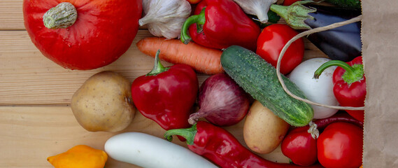 Fresh Organic Vegetables in Paper Bag on Wooden Background