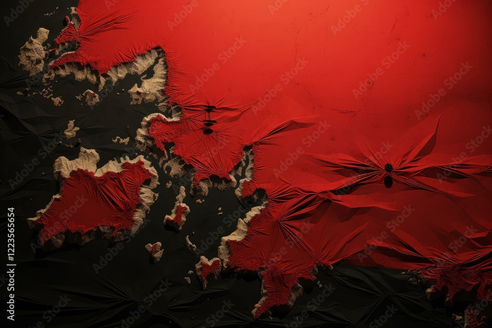 Poster red and black wrinkled fabric creating an abstract landscape with contrasting textures