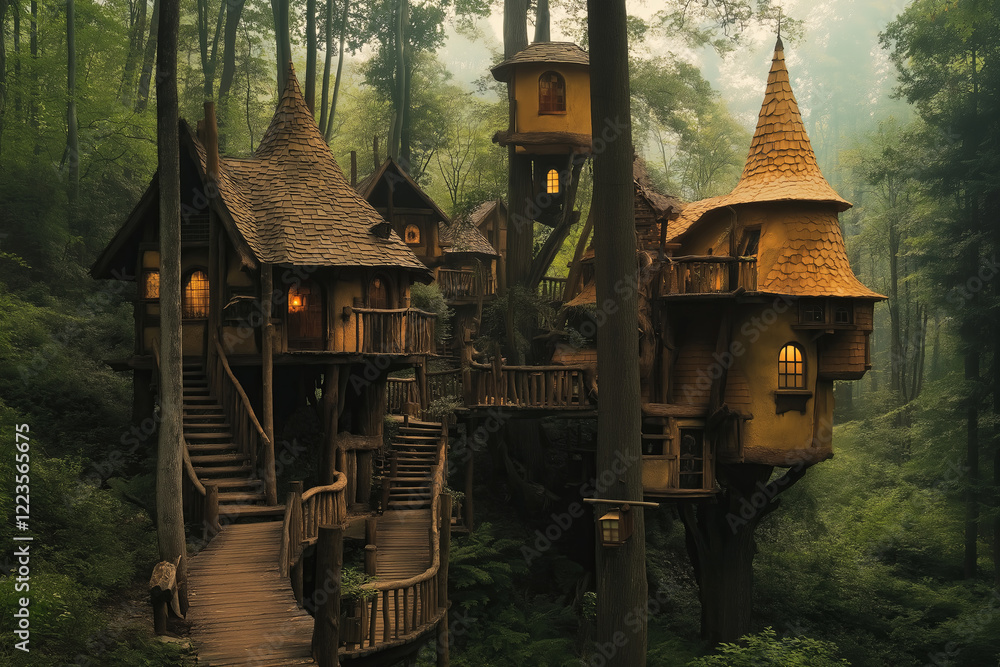 Poster a towering treehouse village nestled in an ancient enchanted forest.