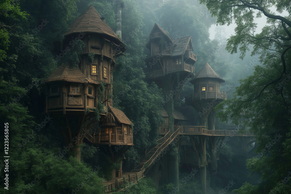 Poster a towering treehouse village nestled in an ancient enchanted forest.