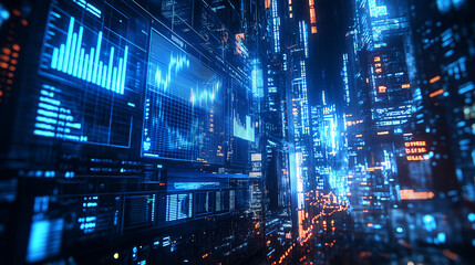 Fototapeta premium Futuristic Cyberpunk Cityscape with Neon Blue Glowing Screens and High Tech Data Displays