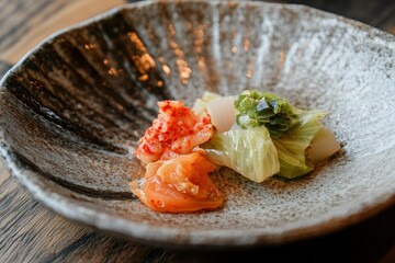 Kimchi made from cabbage and radish is presented on a plate