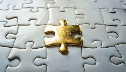 수많은 흰색 퍼즐 조각들로 이루어진 테이블 위에 하나의 금빛 퍼즐 조각이 중앙에 놓여 강렬하게 빛나는 장면