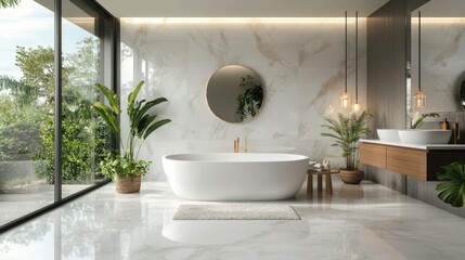 Luxurious modern bathroom with oval tub and indoor plants