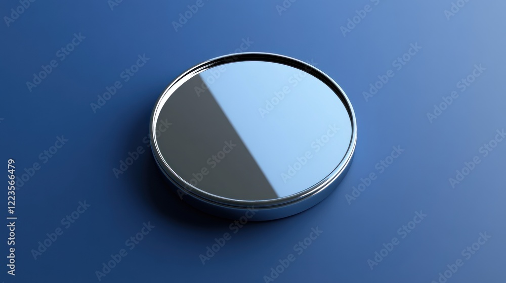 Poster chrome circular mirror on blue background