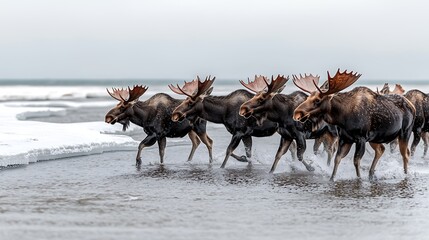 Obraz premium Moose herd winter coastal migration, snowy background, wildlife photography