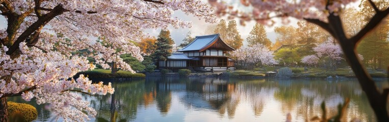 A majestic cherry blossom tree blooms beside a tranquil pond, reflecting vibrant colors of spring sunlight in a serene park. Nature enthusiasts enjoy the peaceful environment and beauty