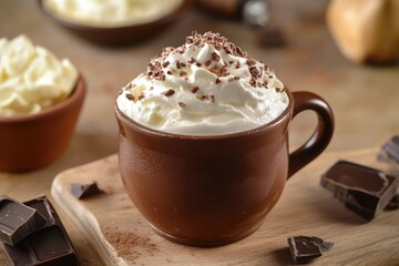 Luxurious Chocolate Delight: Creamy Pudding in a Stylish Bowl Topped with Whipped Cream