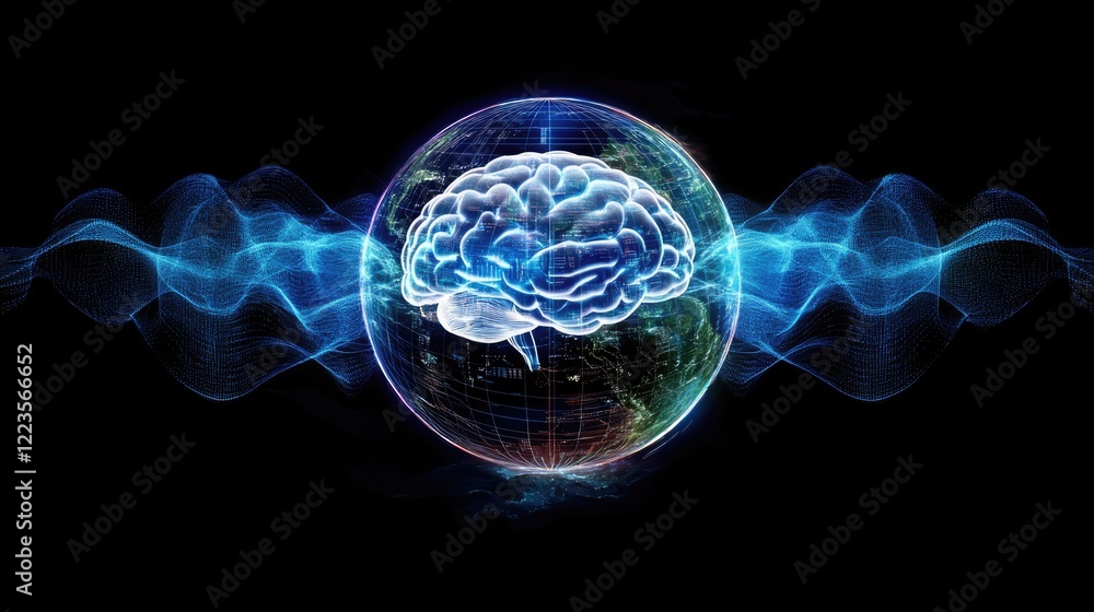 Poster digital brainwave: abstract representation of a brain surrounded by earth's data map