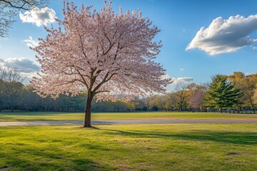 Fototapeta premium In a tranquil park, a blooming cherry blossom tree showcases its delicate pink flowers against a bright blue sky. Sunlight bathes the lush green grass, inviting visitors to relax