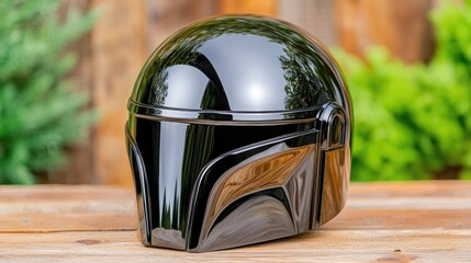 Glossy black helmet on wooden table, outdoors.  Use product photography