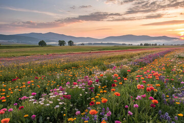 Fototapeta premium Vibrant sunrise over colorful wildflowers in a vast field.