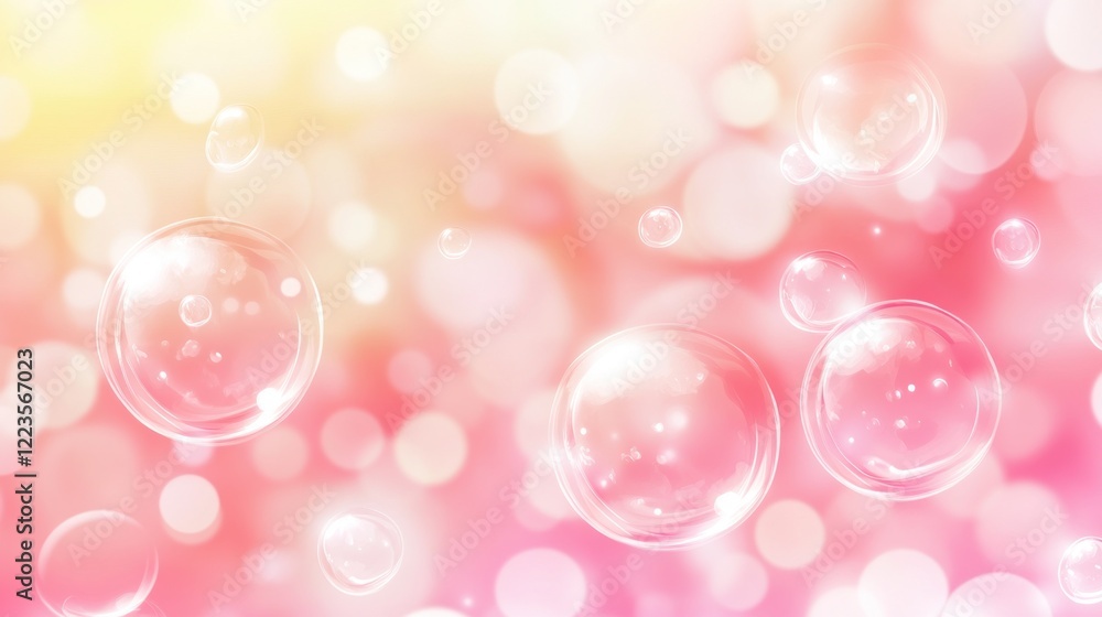 Poster pink and yellow bubbles floating in soft light