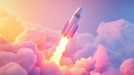 Rocket flies through pink clouds