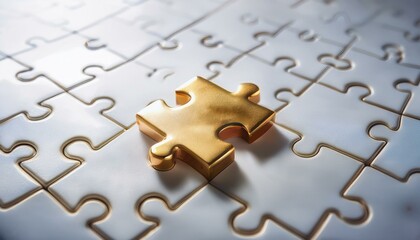 수많은 흰색 퍼즐 조각들로 이루어진 테이블 위에 하나의 금빛 퍼즐 조각이 중앙에 놓여 강렬하게 빛나는 장면