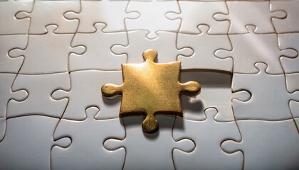 수많은 흰색 퍼즐 조각들로 이루어진 테이블 위에 하나의 금빛 퍼즐 조각이 중앙에 놓여 강렬하게 빛나는 장면