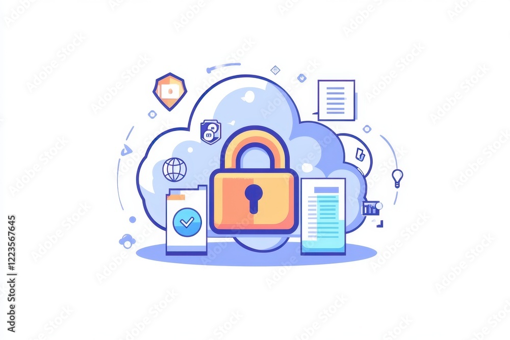 Poster an icon depicting the concept of cloud security with an open padlock surrounded by icons representin