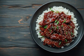 Korean BBQ beef dish featuring thinly sliced fried meat with sesame seeds and spring onion accompanied by long grain rice in a bowl on a grey rustic table overh