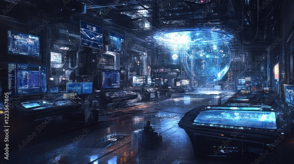 Poster futuristic control room displays global data network