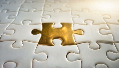 수많은 흰색 퍼즐 조각들로 이루어진 테이블 위에 하나의 금빛 퍼즐 조각이 중앙에 놓여 강렬하게 빛나는 장면
