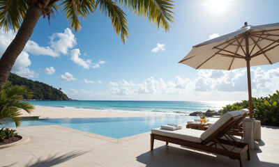 Obraz premium Luxury Beach Lounge A private beach lounge with plush lounge chairs, a large umbrella for shade, and a side table with refreshing cocktails,
